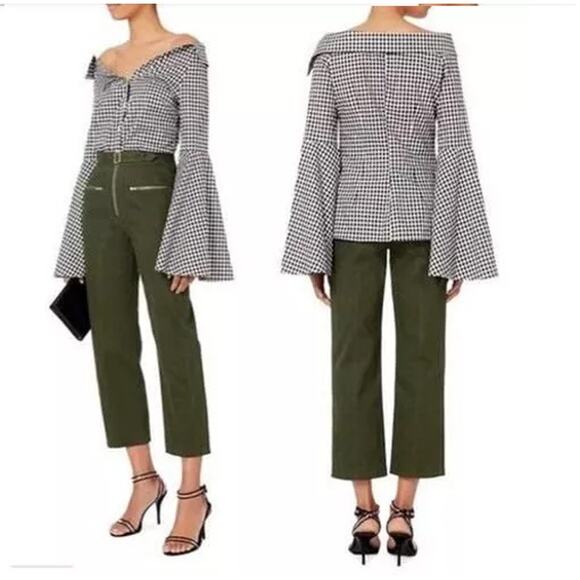 Caroline Constas Gingham Persephone Bell Sleeve Blouse Top Blue/White Women's M - Picture 2 of 6